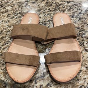 Beige flat slip on sandals